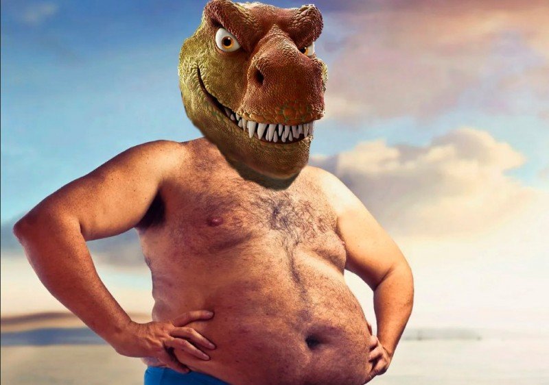 Скуфозавр стоит на пляже и загорает