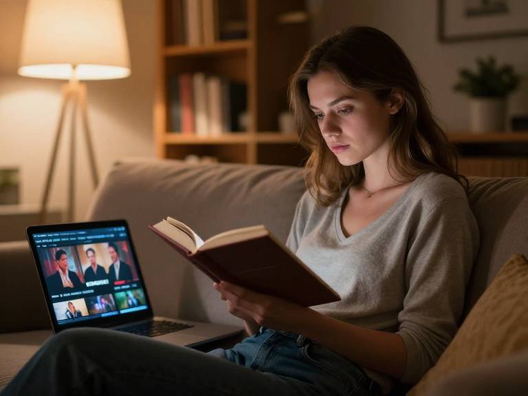 Девушка увлеченно читает книгу и смотрит сериал Девушка увлеченно читает книгу и смотрит сериал